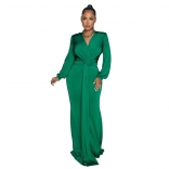 Green Women's Luxury Long Dress Pleated Deep V-Neck Formal Occasion Party Clothing