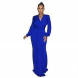Blue Women's Luxury Long Dress Pleated Deep V-Neck Formal Occasion Party Clothing