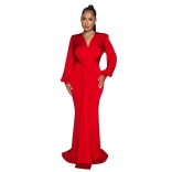 Red Women's Luxury Long Dress Pleated Deep V-Neck Formal Occasion Party Clothing
