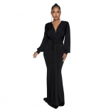Black Women's Luxury Long Dress Pleated Deep V-Neck Formal Occasion Party Clothing