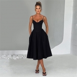 Black Women's Dress Halter V-Neck Fashion Casual Pleated Skirt Clothing