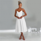 White Women's Dress Halter V-Neck Fashion Casual Pleated Skirt Clothing