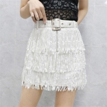White Women's Fashion Skirt Rhinestones Tassels Sexy Mini Dress with Belt