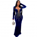 Blue Luxury Women's Deep V-Neck Long Dress Elegant Diamonds Party Formal Wedding Dresses Clothing