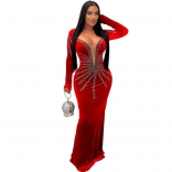 Red Luxury Women's Deep V-Neck Long Dress Elegant Diamonds Party Formal Wedding Dresses Clothing