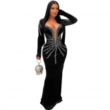 Black Luxury Women's Deep V-Neck Long Dress Elegant Diamonds Party Formal Wedding Dresses Clothing
