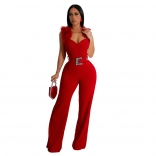 Red Women's Sleeveless Jumpsuit Feather Straps Luxury Diamonds Belt Elegant Evening Long Dress