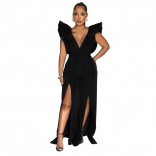 Black Women's Deep V-Neck Jumpsuit Backless Solid Sexy Formal Occasion Long Dress