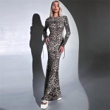 Women's Printed Long Dress Sexy Party Leopard Lace-up Evening Long Clothing