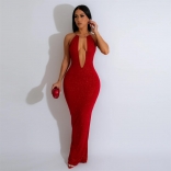 Red Women's Deep V-Neck Halter Long Dress Elastic Evening Bodycons Ball Gown Clothing