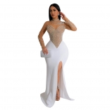 White Luxury Women's Mesh Diamonds Long Dress Sexy Wedding Party Evening Maxi Clothing