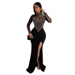 Black Luxury Women's Mesh Diamonds Long Dress Sexy Wedding Party Evening Maxi Clothing