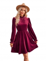 WineRed Women's Long Sleeve Velvet Skirt Dress Casual Luxury Fashion Clothing