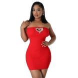 Red Women's Off-Shoulder Mini Dress Diamonds Hearts Stripe Bodycon Party Clothing