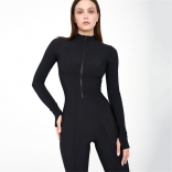 Black Women's Long Sleeve Jumpsuits Zipper Bodycons Sports Bodysuit Dress