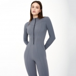 Grey Women's Long Sleeve Jumpsuits Zipper Bodycons Sports Bodysuit Dress