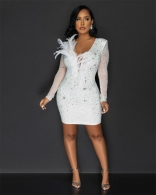 White Women's Feather Deep V-Neck Mesh Diamonds Bodycon Evening Party Mini Dress Clothing