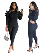Black Women's Long Sleeve Striped Button Tops Bodycon Sexy Jumpsuit Dress Sets