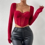 WineRed Women Chic Sexy​ Mesh Fishbone Crop Top Lace Embroidery Hollow Out Slim Blouses