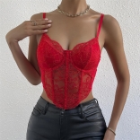 Red Women's Lace Camisole Bras Crop Tops Sexy Fishbone Tank Top Chest Wrap Vest Straps Underwear