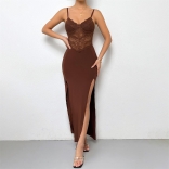 Brown Women's Straps Lace Hollow-out Formal Evening Split Long Dress