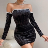 Black Women Off-Shoulder Rhinestones Velvet Bodycon Mini Club Dress