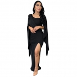 Black Women's Pleated Long Dresses Split Hollow Sleeves Bandage Formal Bodycons Party Evening Vestidos Clothing