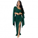 Green Women's Pleated Long Dresses Split Hollow Sleeves Bandage Formal Bodycons Party Evening Vestidos Clothing