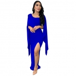 Blue Women's Pleated Long Dresses Split Hollow Sleeves Bandage Formal Bodycons Party Evening Vestidos Clothing