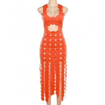 Orange Women Sleeveless Backless Coquette Skinny Tassel See Through Bodycon Clubwear