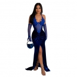 Blue Women Straps V-Neck Diamonds Pleated Mesh Gloves Velvet Bodycon Formal Party Dress