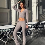 Gray Long Sleeve Hoody Pullover Women's Knitted Sweaters Pants Jumpsuit Dress Sets