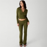 Green Long Sleeve Hoody Pullover Women's Knitted Sweaters Pants Jumpsuit Dress Sets