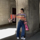 Orange Women's Knitting Long Sleeve Tassels Crop Top Beach Wear Sweaters