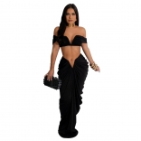 Black Women Off-Shoulder Sleeveless V-Neck Pleated Sexy Party Prom Long Dress