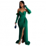 Green Luxury Women's Feather Flying Slevee Low-Cut Evening Pleated Prom Long Dress