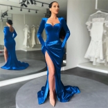 Blue Women's Low-Cut Long Sleeve Gloves Prom Dress Velvet Split Pleated Evening Dress