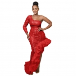 Red Women's Sequins One Sleeve Bodycon Dress Mesh Flounce Prom Elegant Clothing