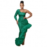 Green Women's Sequins One Sleeve Bodycon Dress Mesh Flounce Prom Elegant Clothing