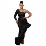 Black Women's Sequins One Sleeve Bodycon Dress Mesh Flounce Prom Elegant Clothing