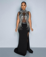 Black Women's Sleeveless Crystal Mesh Bodycons Prom Party Split Long Dress