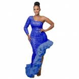 Blue Women's Sequins One Sleeve Bodycon Dress Mesh Flounce Prom Elegant Clothing