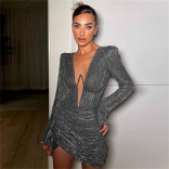 Black Women's Deep V-Neck Steel Paded Shoulder Party Pleated Sexy Mini Dress