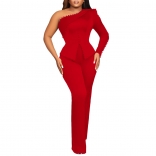 Red Women's Formal Pearls One Long Sleeve Tops Twinset Commuter Uniforms Jumpsuit Dress