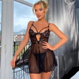 Black Women's Sexy Nightgown Slip Embroidery Lace See-through Erotic Lingerie Babydolls Underwear