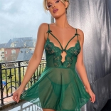 Green Women's Sexy Nightgown Slip Embroidery Lace See-through Erotic Lingerie Babydolls Underwear