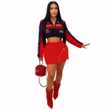 Red Women's Long Sleeve Retro Motorcycle Baseball Jersey Zipper Sexy Pants Dress Sets