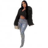 Black Women's Feather Faux Fur Long Sleeve Fashion Short Coat Suits Tops