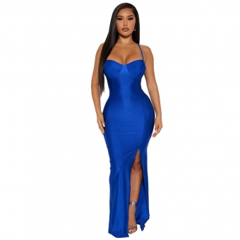 Blue Women Straps Low-Cut V-Neck Cups Bodycons Formal Evening Split Long Dress