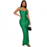 Green Women Straps Low-Cut V-Neck Cups Bodycons Formal Evening Split Long Dress